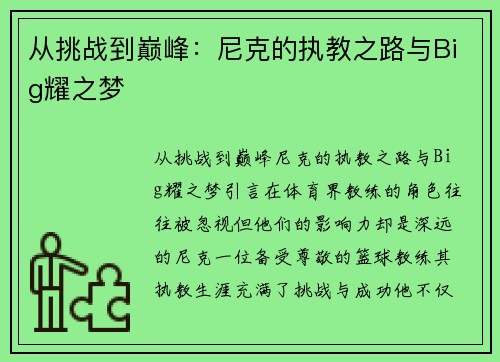 从挑战到巅峰：尼克的执教之路与Big耀之梦