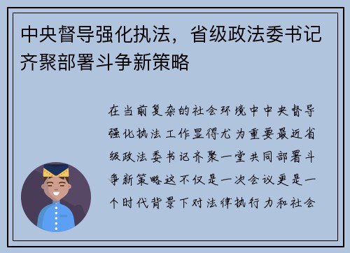 中央督导强化执法，省级政法委书记齐聚部署斗争新策略