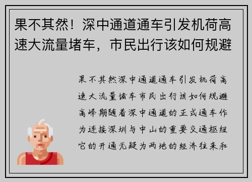 果不其然！深中通道通车引发机荷高速大流量堵车，市民出行该如何规避高峰期？