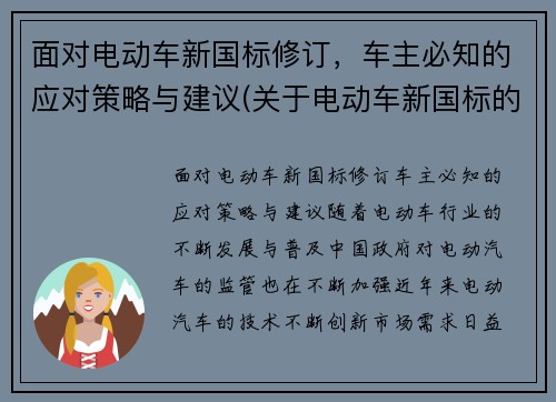 面对电动车新国标修订，车主必知的应对策略与建议(关于电动车新国标的实施评论)