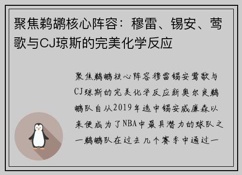 聚焦鹈鹕核心阵容：穆雷、锡安、莺歌与CJ琼斯的完美化学反应