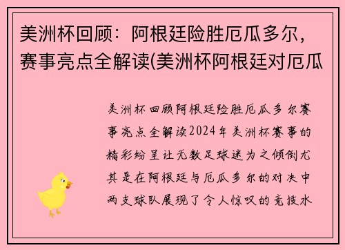 美洲杯回顾：阿根廷险胜厄瓜多尔，赛事亮点全解读(美洲杯阿根廷对厄瓜多尔集锦)